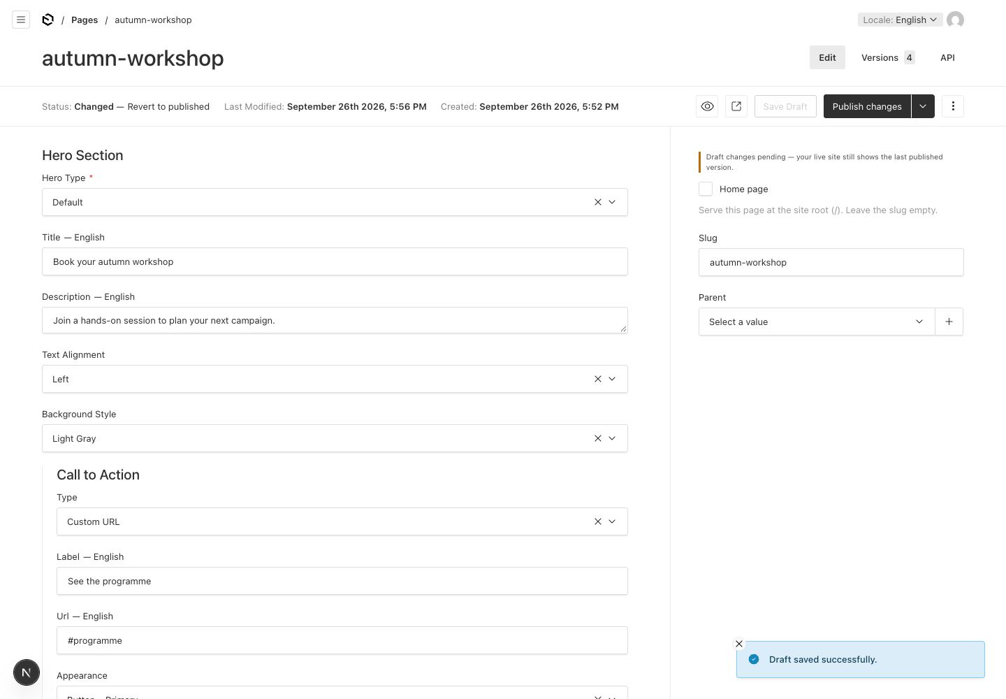 Payload page editor with a saved draft, Changed status and Publish changes control.