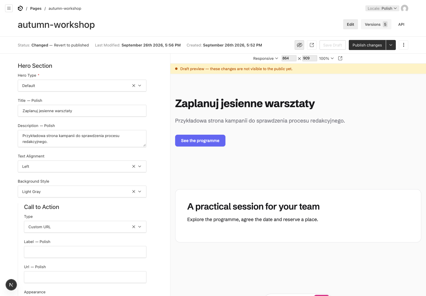Polish locale selected in Payload, with Polish preview text and an English fallback call to action.