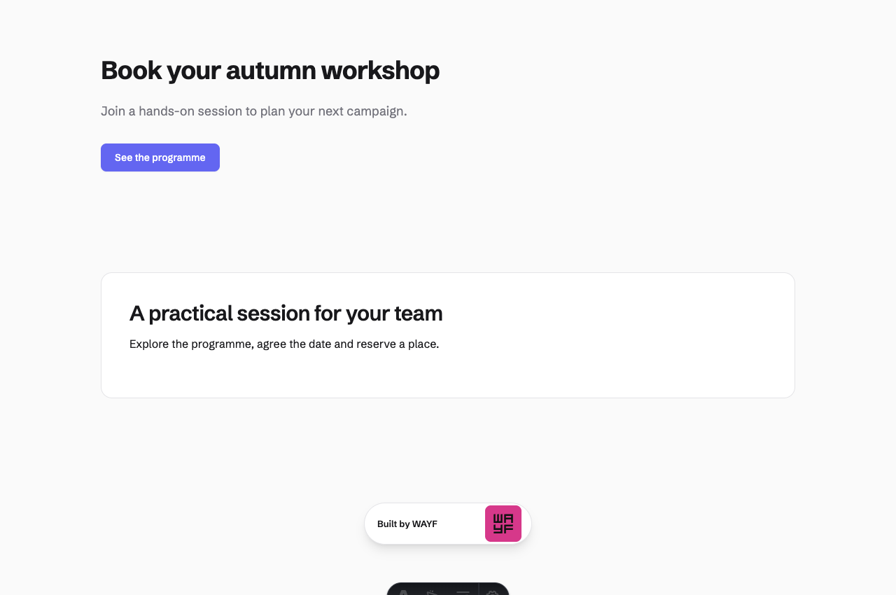 Anonymous English page after publication, showing Book your autumn workshop and the revised description.