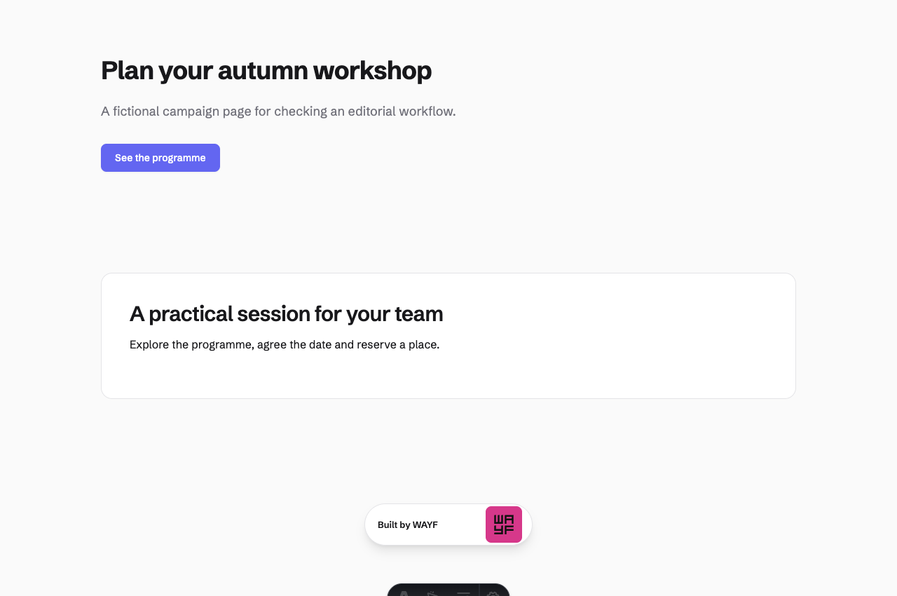 Public page after version restoration, showing the original Plan your autumn workshop headline and description.