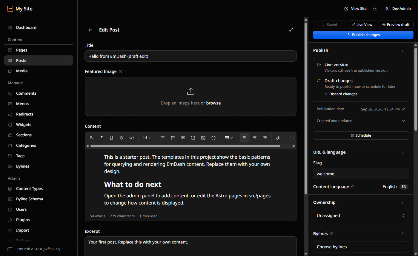 EmDash 0.42.0 post editor with a saved draft title, a Live version that visitors still see, and a Publish changes button.