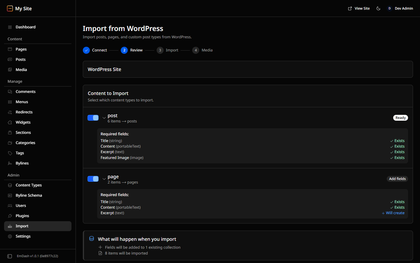 EmDash 1.0.1 WordPress import review step: six posts mapped to the posts collection and two pages mapped to pages, with an Excerpt field to be created.