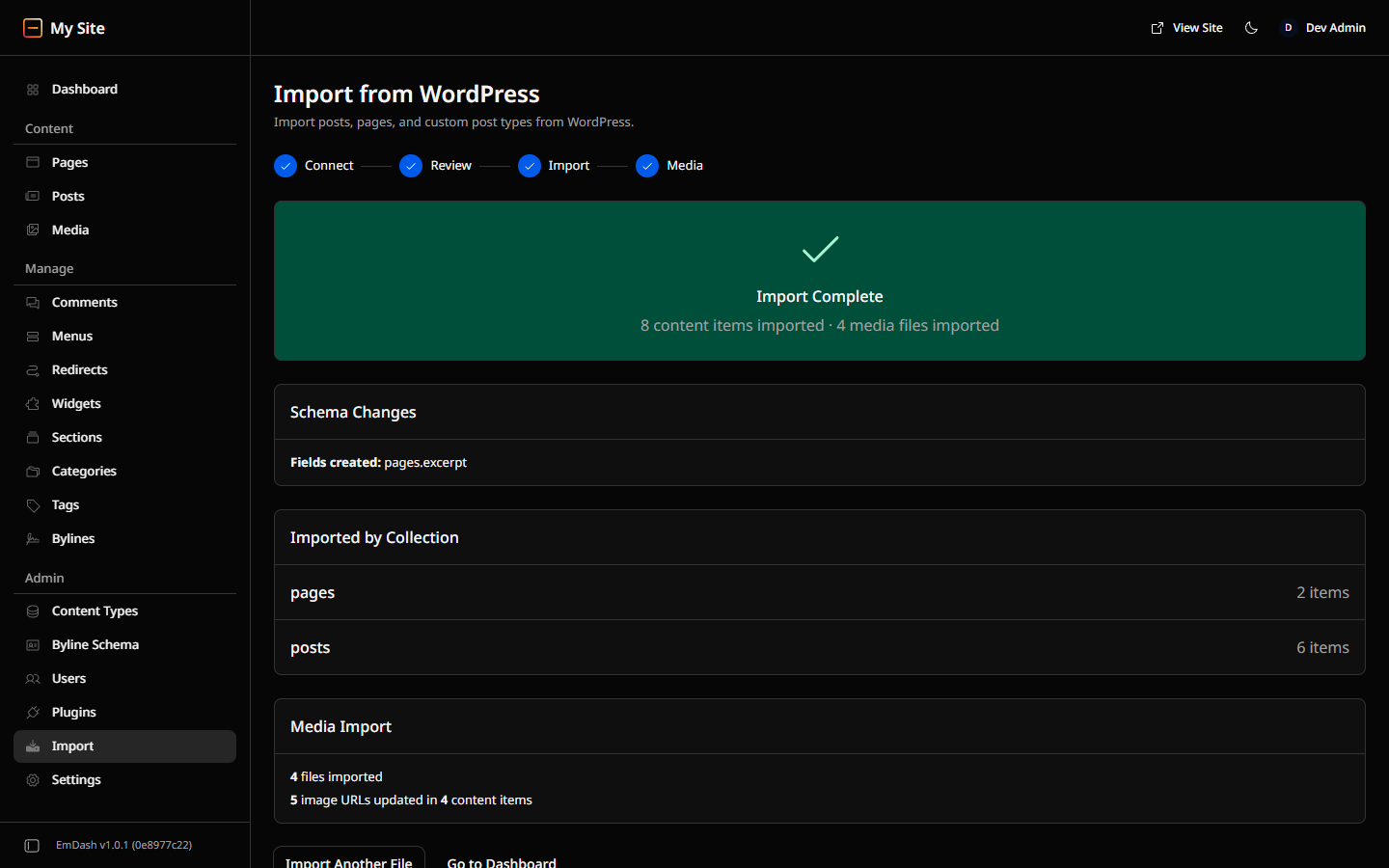 EmDash 1.0.1 import summary: 8 content items and 4 media files imported, pages.excerpt created, 5 image URLs updated in 4 content items.