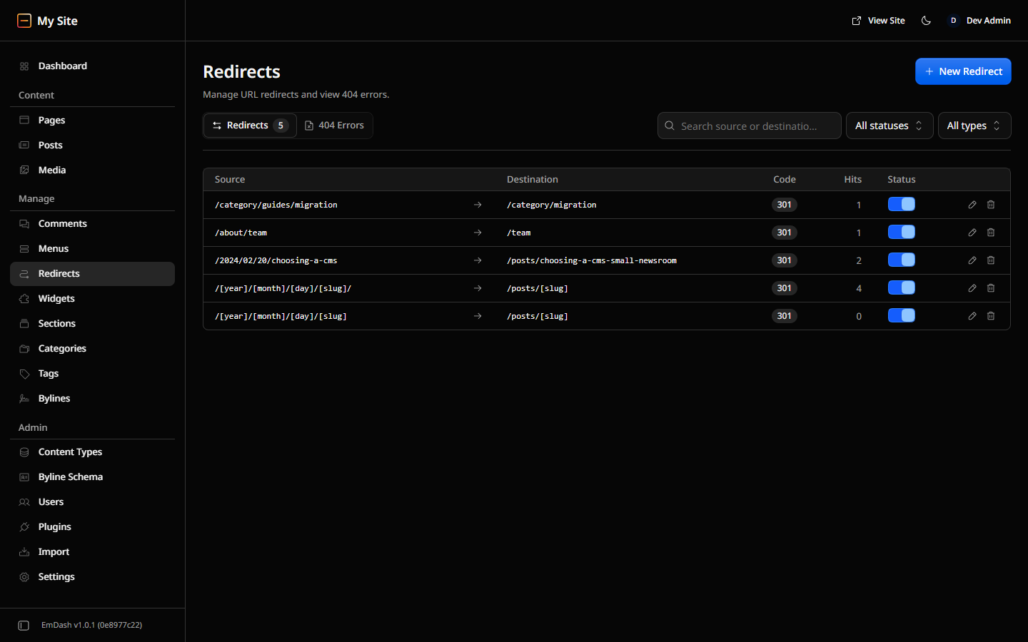 EmDash 1.0.1 redirects list: two date-based pattern rules, with and without a trailing slash, and three exact rules, all 301.
