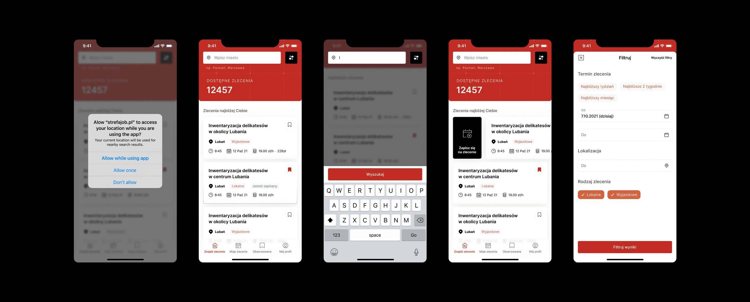 StrefaJob — high-fidelity app screens