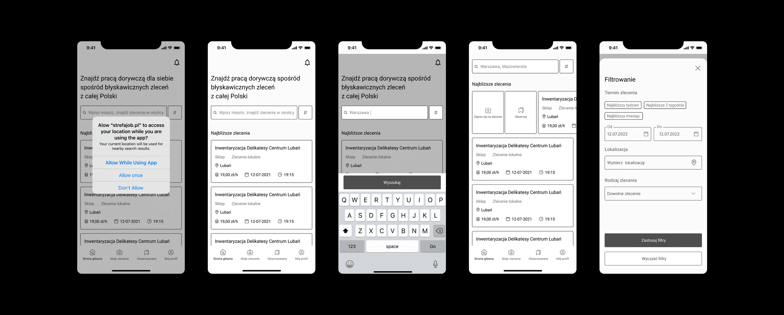 StrefaJob — early low-fidelity wireframes
