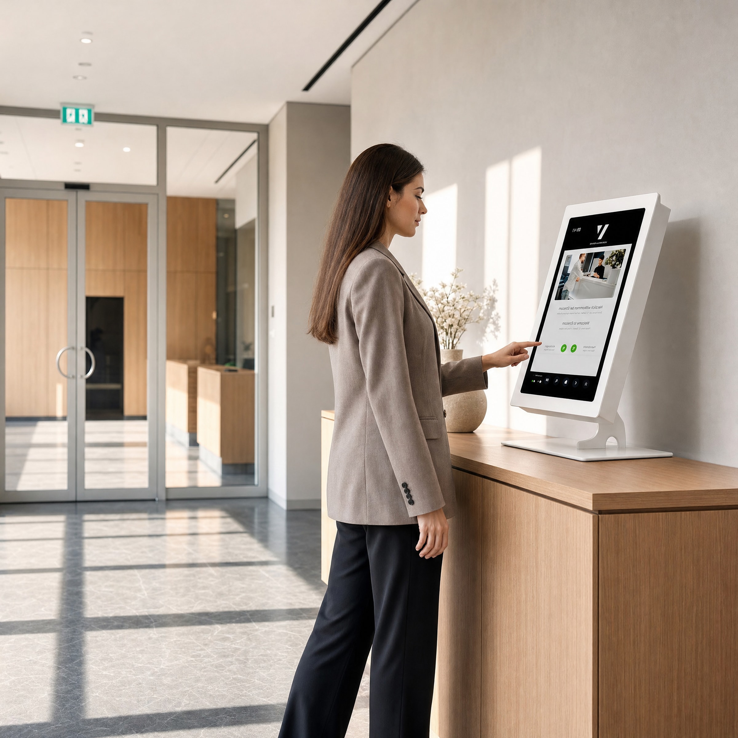 A visitor checking in on the ViPo countertop kiosk at a bright reception desk