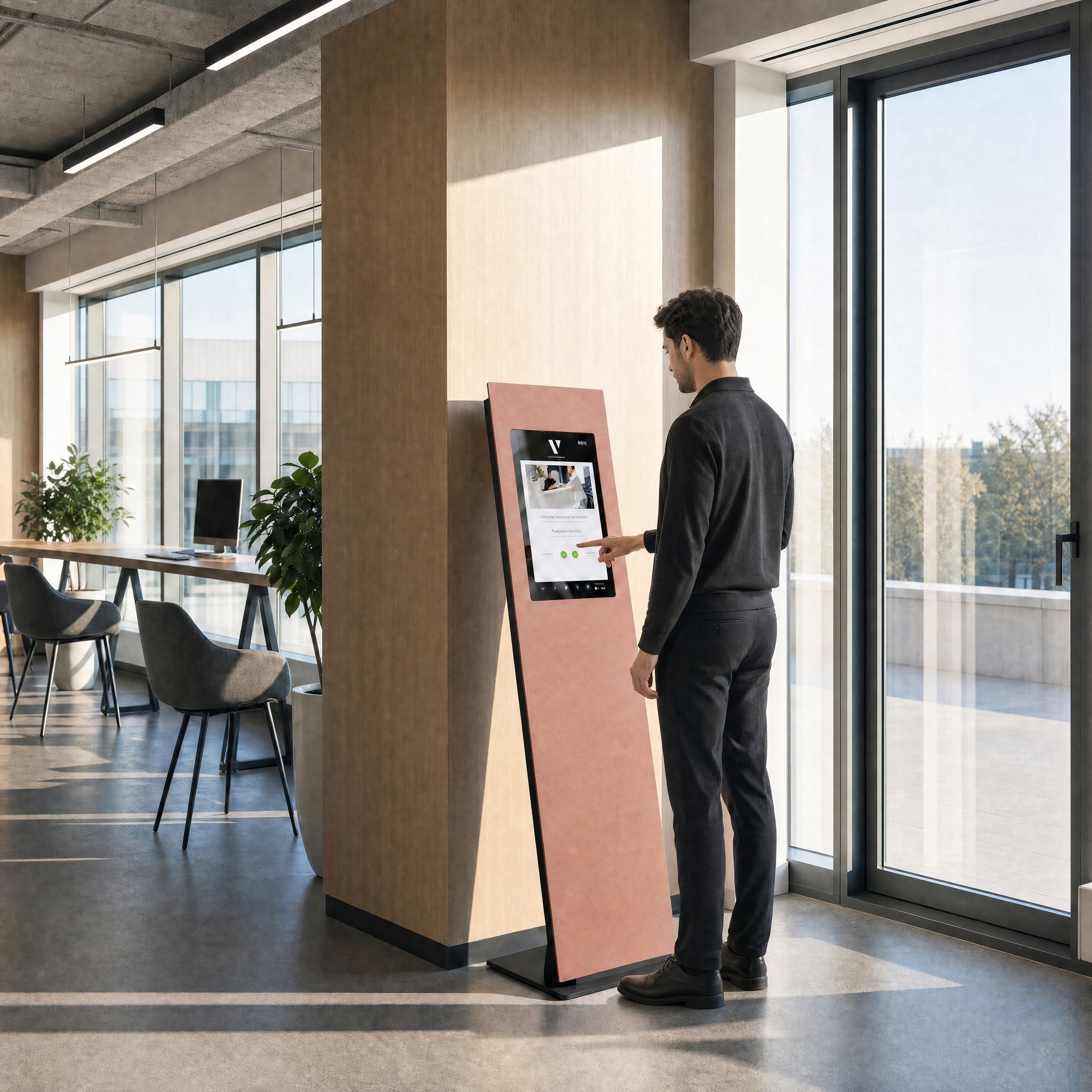 The floor-standing ViPo kiosk in an open office, a visitor mid check-in