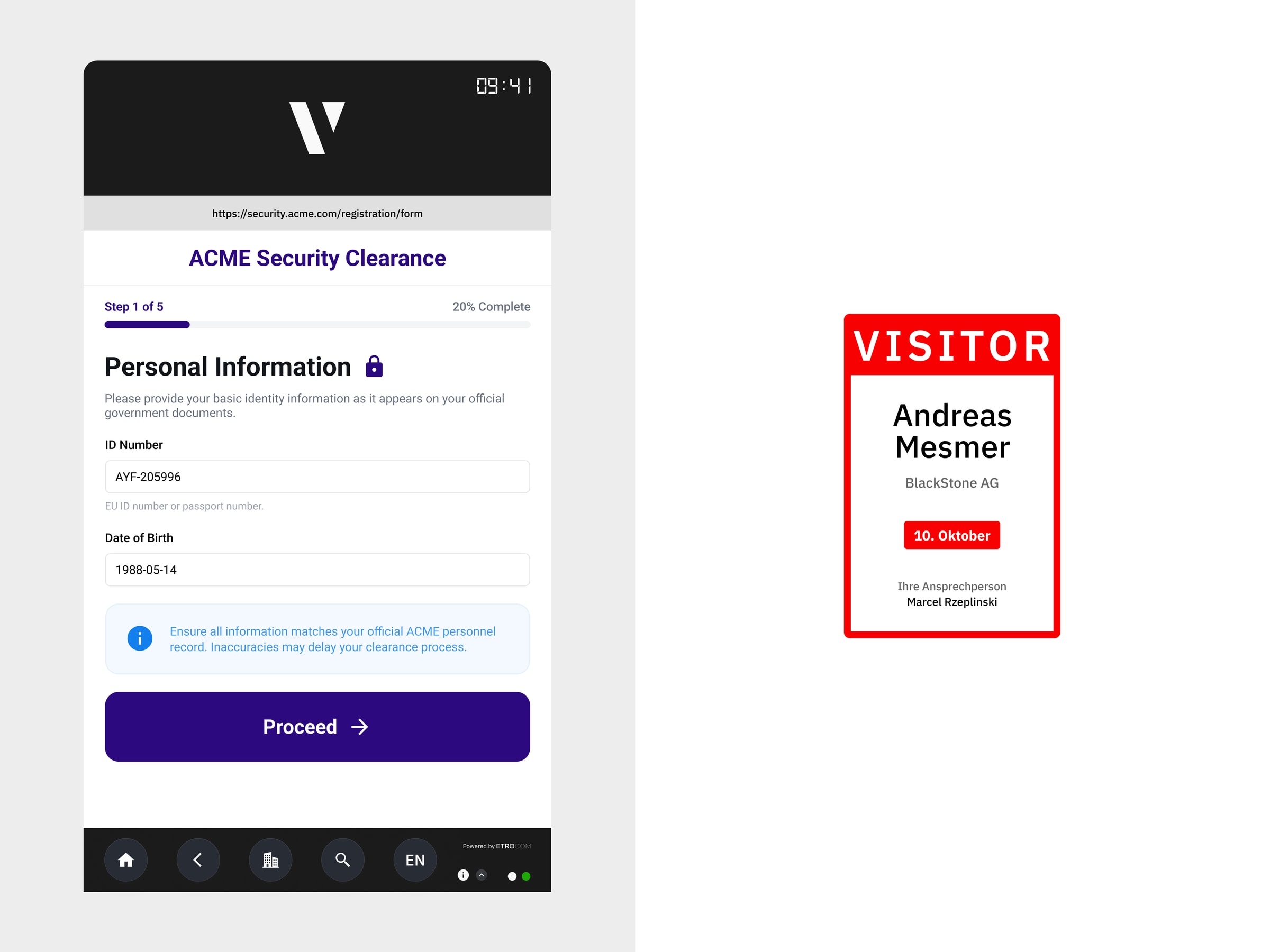 ViPo guest registration — a security-clearance intake form on the kiosk and the printed visitor badge it produces